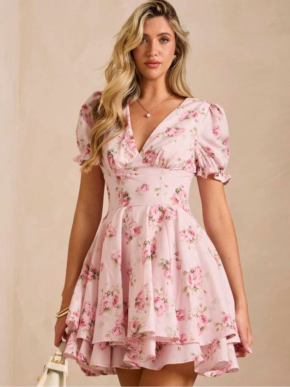 Floral Pink V-Neck Puff Sleeve Dress